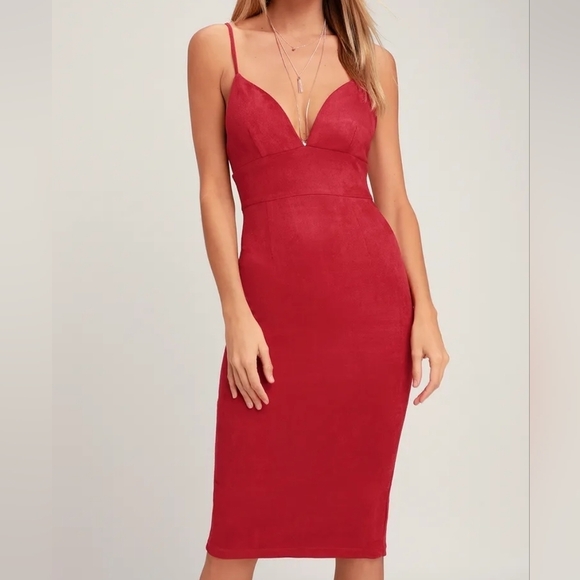 NWT Lulus Dynamic Diva Wine Red Suede Bodycon Midi Dress Size Small - Picture 1 of 12